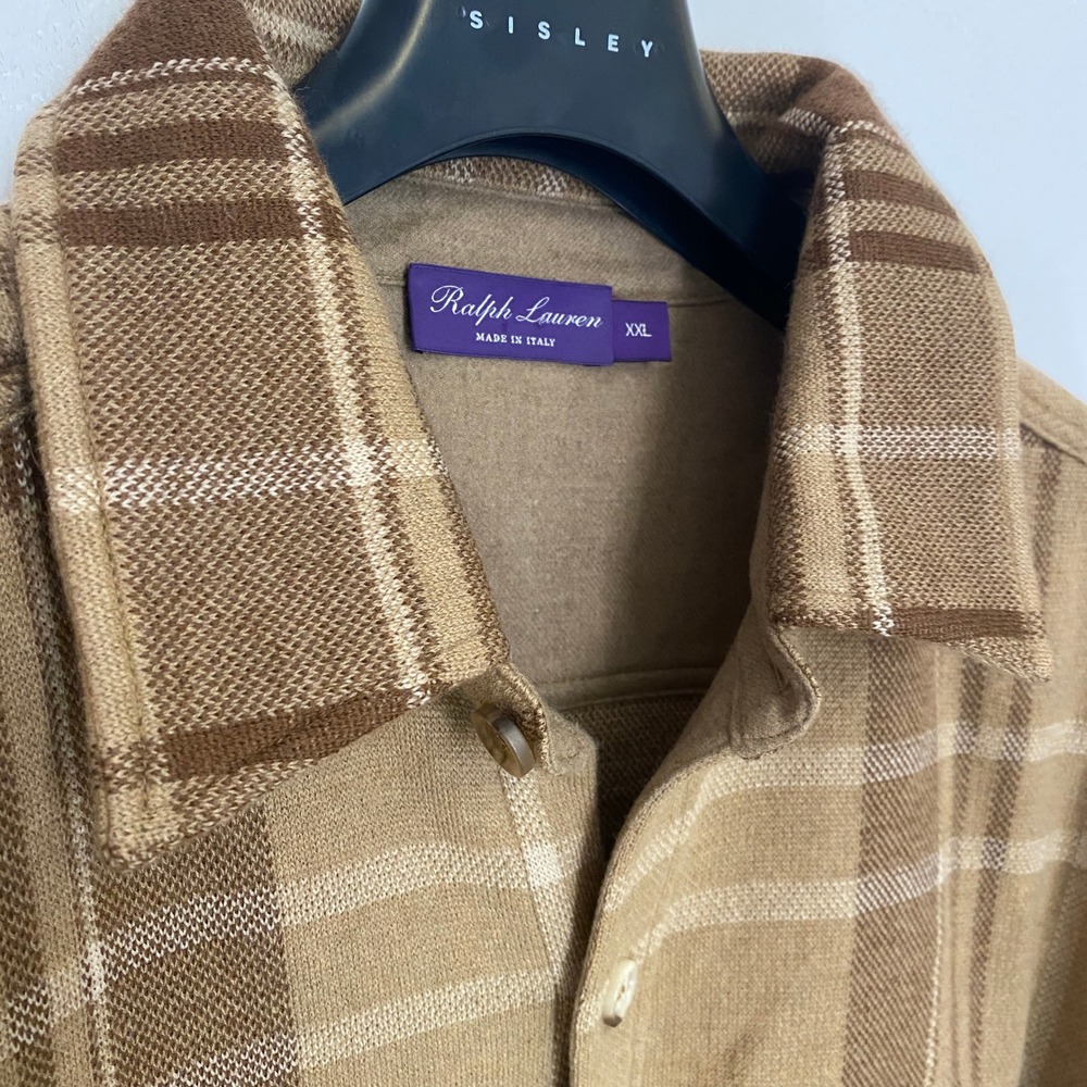 Ralph Lauren Purple Label Plaid Knit Cashmere Overshirt Mens XXL Tan Brown NWOT - Picture 2 of 9